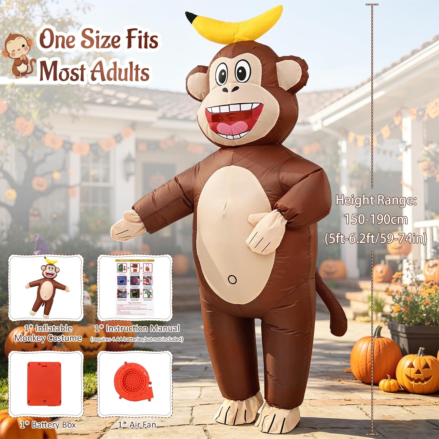 Inflatable Monkey Costume Adult, Blow Up Costume for Halloween | Fits 5' to 6'2", Full Body Inflatable Halloween