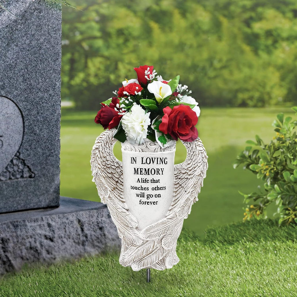 Grave Decorations for Cemetery, Angel Wings Vases with Spikes for Garden Decorations Waterproof Garden Statues