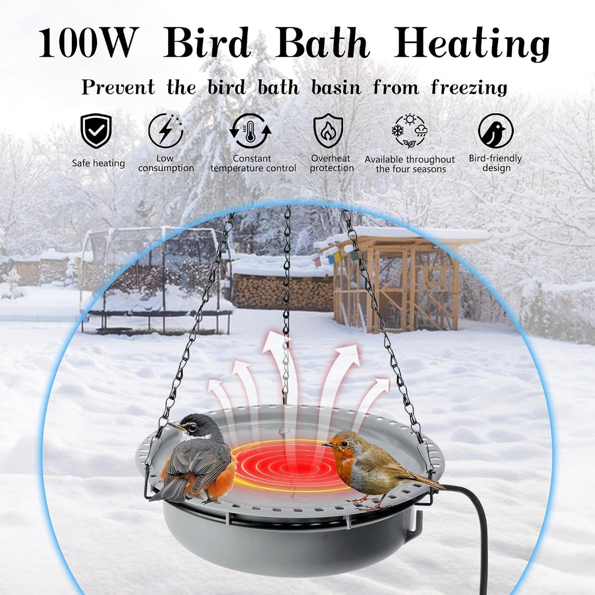 1 Set 100W Thermostatical Hanging Heated Birdbath for Winter Outdoor