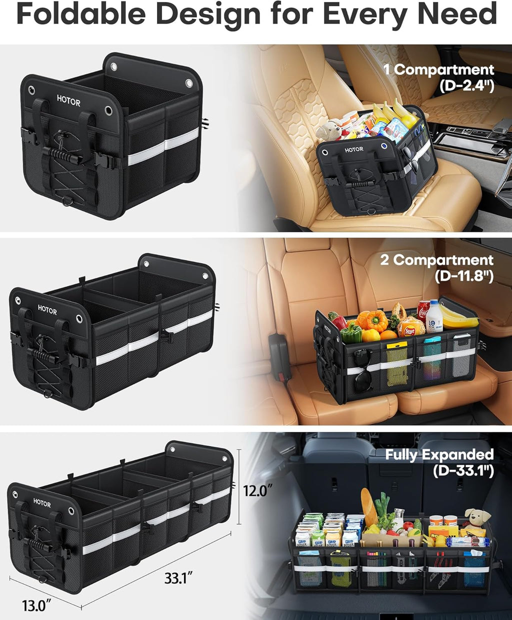 Trunk Organizer for SUV – Car Storage Box with Reflective Strips, Collapsible Car Organizer with Large Capacity