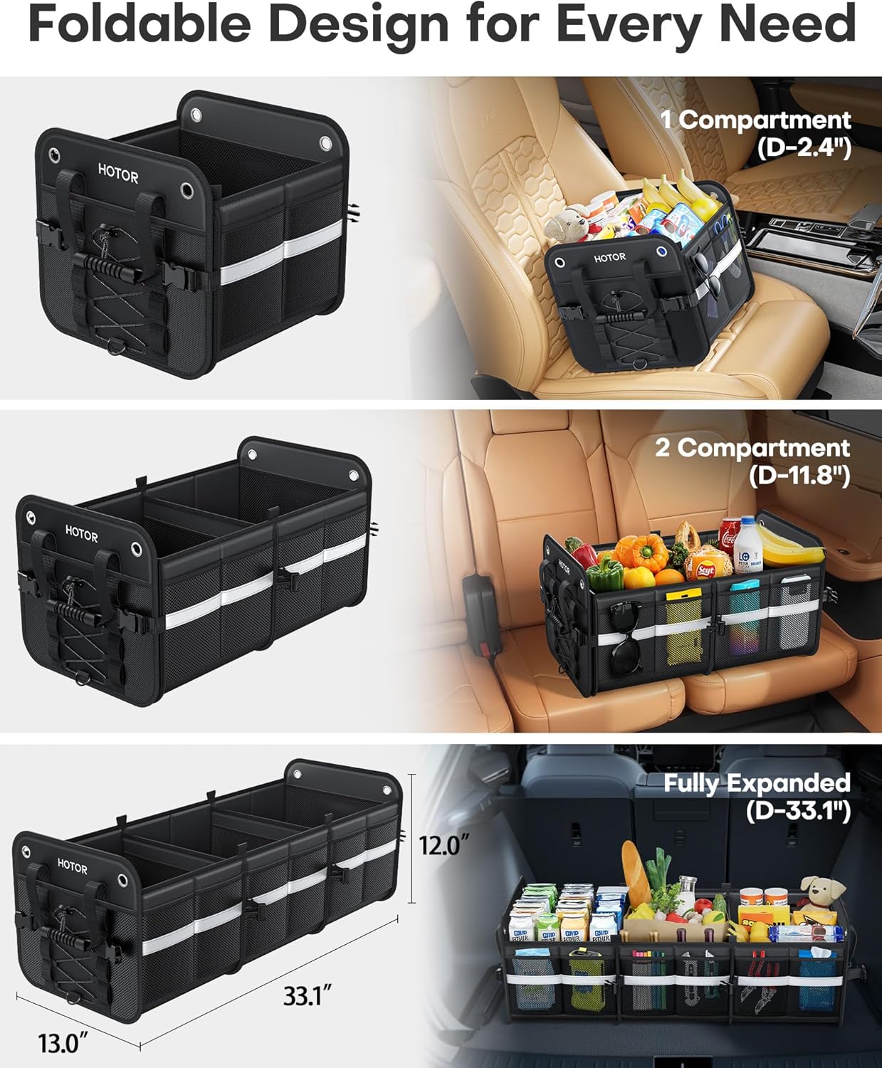 Trunk Organizer for SUV – Car Storage Box with Reflective Strips, Collapsible Car Organizer with Large Capacity
