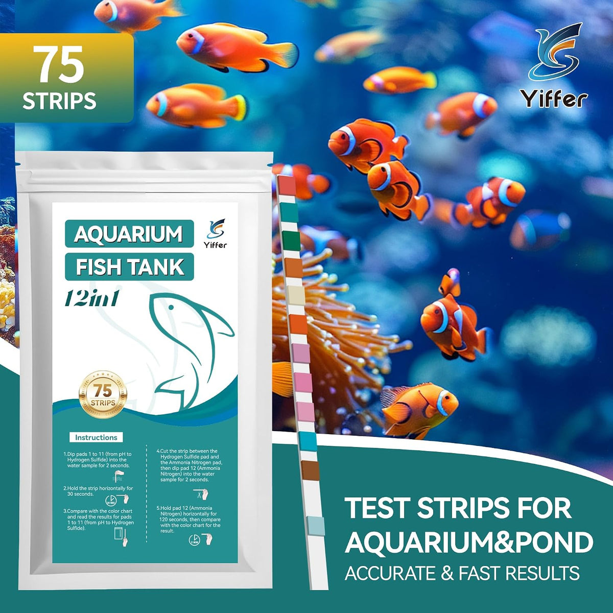 12-in-1 Aquarium Test Strips with Ammonia,75 Strips