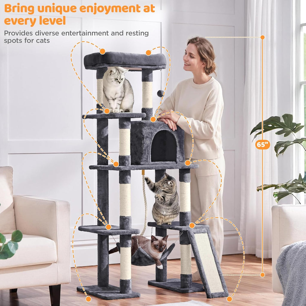 Yaheetech 63in Large Cat Tree for Heavy Cats up to 22lbs, Anti-Wobble Tower with Condo & Hammock, Space-Saving for