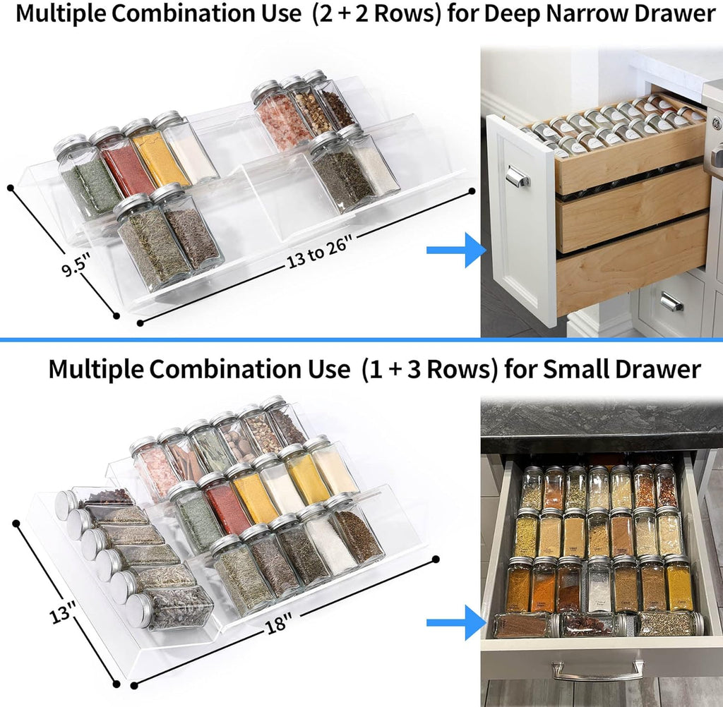Clear Acrylic Spice Drawer Organizer, 4 Tier- 2 Set Expandable From 13" to 26" Drawer Seasoning Organizer, Kitchen