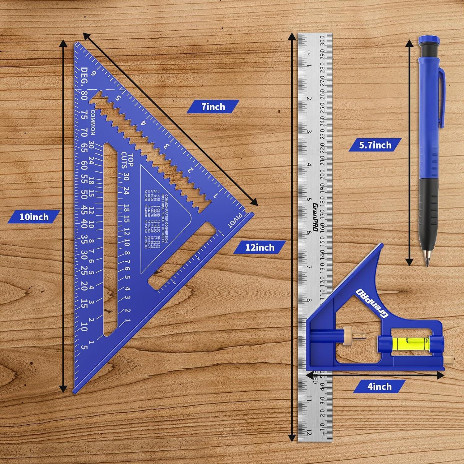 Combination Square Set, 7 & 12 Inch Aluminum Zinc Carpenter Tool | Stainless Ruler & Scriber Included, 2-in-1 Pencil