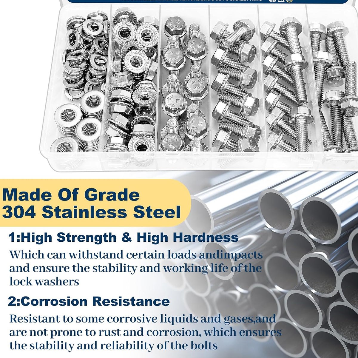 5/16-18 Flange Bolt & Nut Assortment Kit 304 Stainless Steel 176Pcs