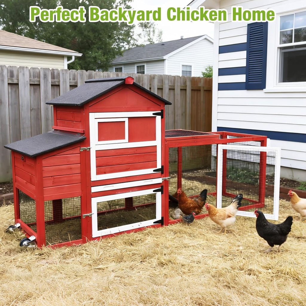 Mobile Chicken Tractor with 2 Nesting Boxes, 81" Large Wooden Chicken Coop for 2-4 Chickens, Predator Proof Poultry