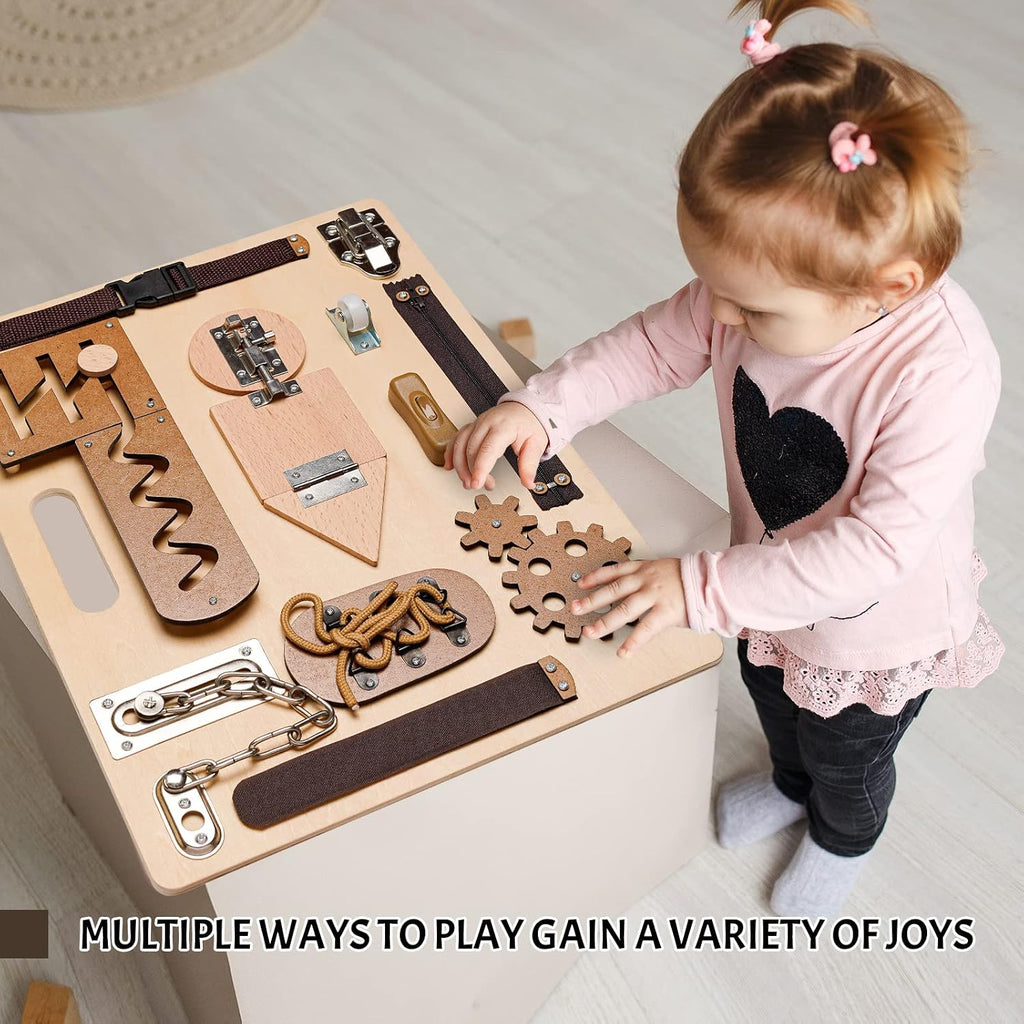 Montessori Busy Board for Toddlers, Wooden Sensory Toys, Preschool Learning Activities for Fine Motor Skills Travel