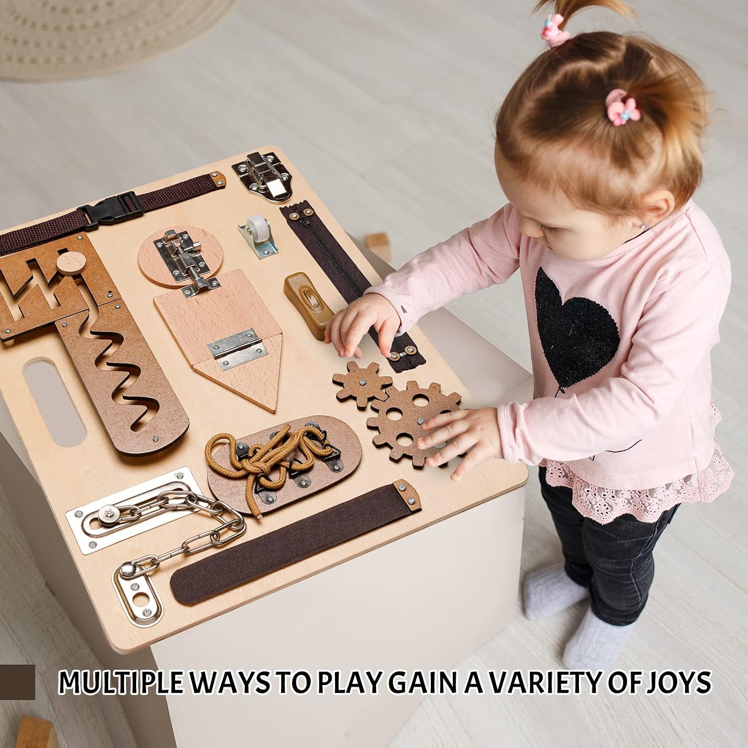 Montessori Busy Board for Toddlers, Wooden Sensory Toys, Preschool Learning Activities for Fine Motor Skills Travel