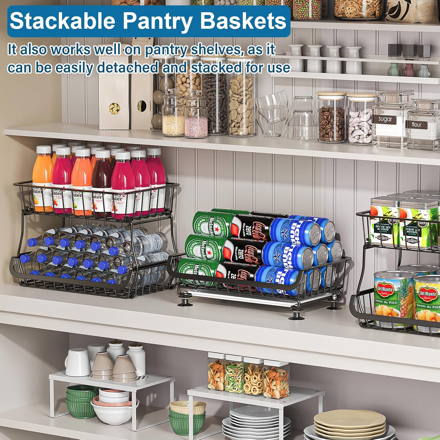 3-Tier Rolling Pantry Floor Organizer and Storage Cart with Wheels, Stackable Wire Pantry Baskets for Pantry Shelves
