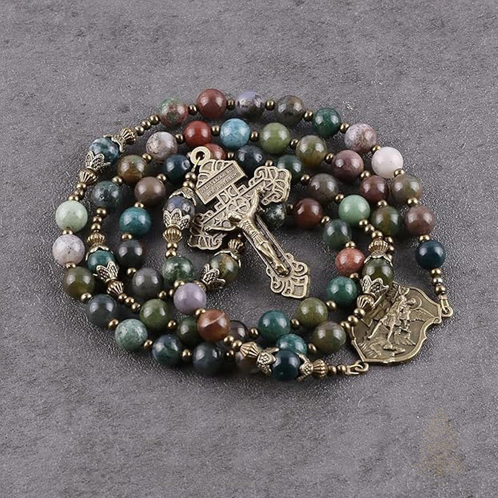 Catholic Town 8mm India Agate Natural Stone Beads, Large Rosary with Caps Saint Michael the Archangel Medal and