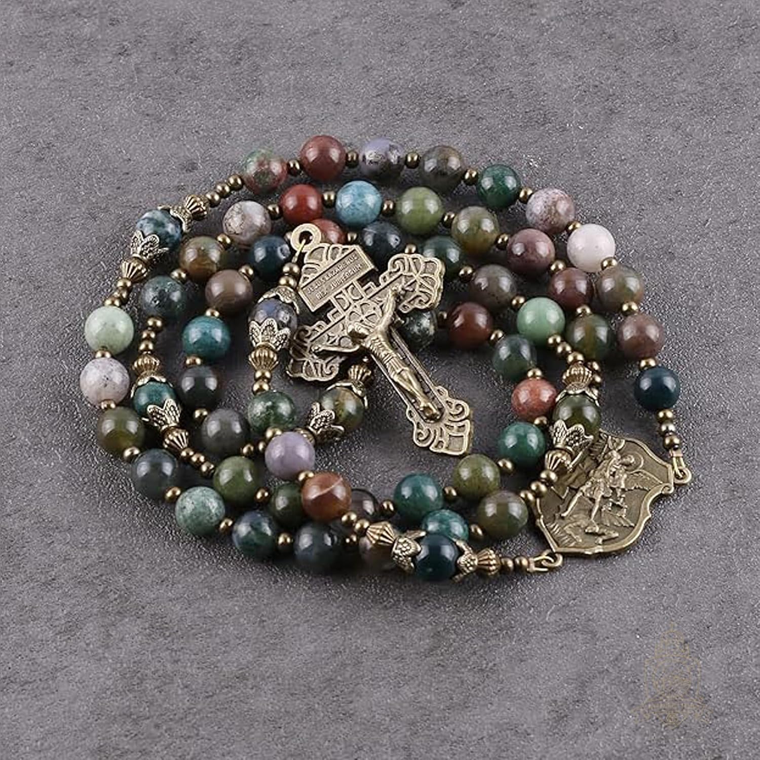 Catholic Town 8mm India Agate Natural Stone Beads, Large Rosary with Caps Saint Michael the Archangel Medal and