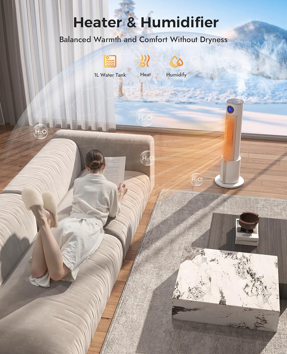 Space Heater with Humidifier - Portable Tower Heaters for Indoor Use, Remote, Adjustable Thermostat, 3 Heat Modes
