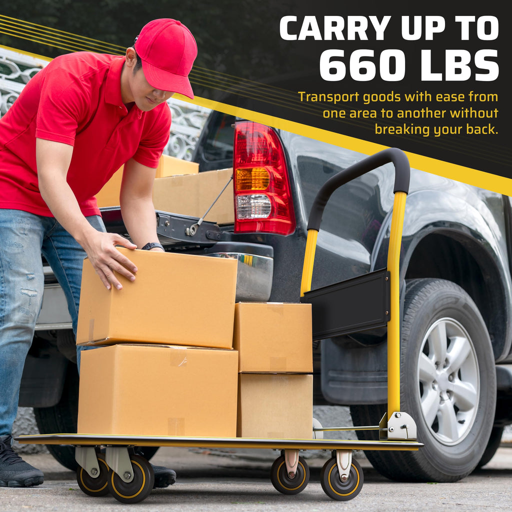 Heavy Duty Foldable Push Cart Dolly | 660 lbs. Capacity | Upgraded Collapsible Hand Truck Folding Platform with