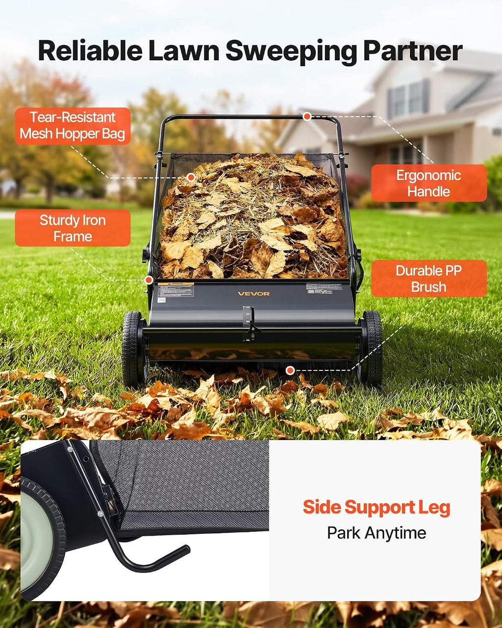 Push Lawn Sweeper 26 Inch Leaf & Grass Collector Strong Rubber Wheels