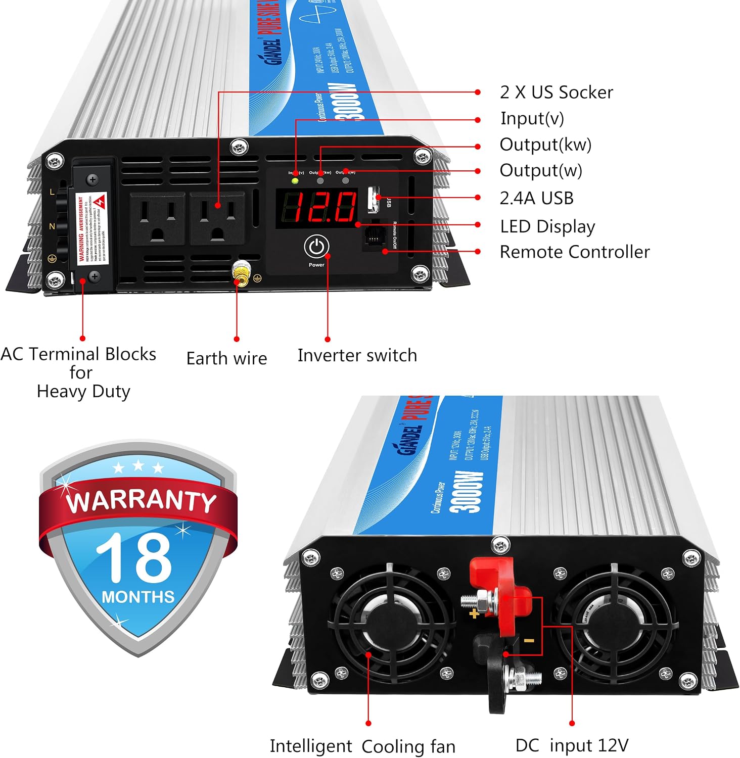 3000Watt Pure Sine Wave Inverter 3000W 12V DC to 110V 120V AC ETL Listed UL458 STD Lithium Battery Compatible with