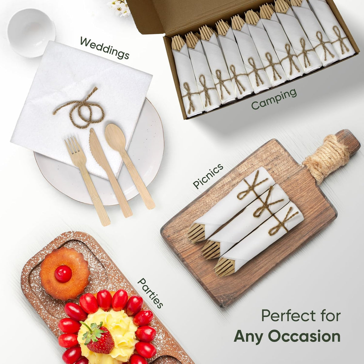 Premium Pre-Rolled Napkin and Bamboo Cutlery Set, 50 Pack, 200 PCS