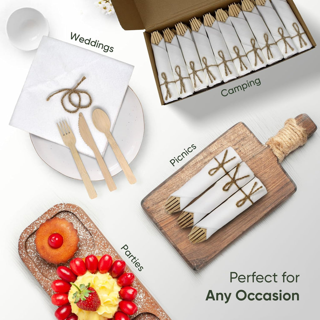 Premium Pre-Rolled Napkin and Bamboo Cutlery Set, 30 Pack, 120 PCS