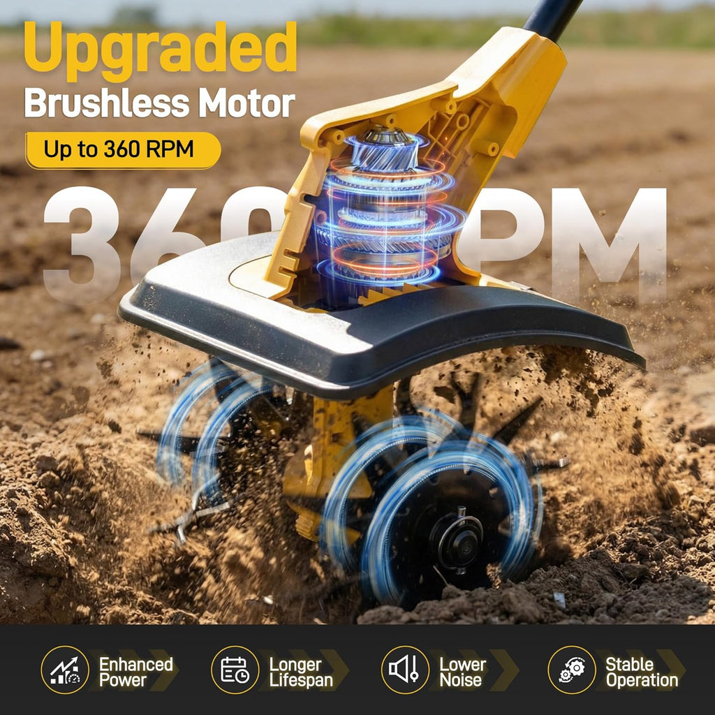 Cordless Tiller Cultivator, 12" Tilling Width, 8" Depth, 2x4.0Ah Batteries | Cordless, 2x4.0Ah Batteries, 40-Min