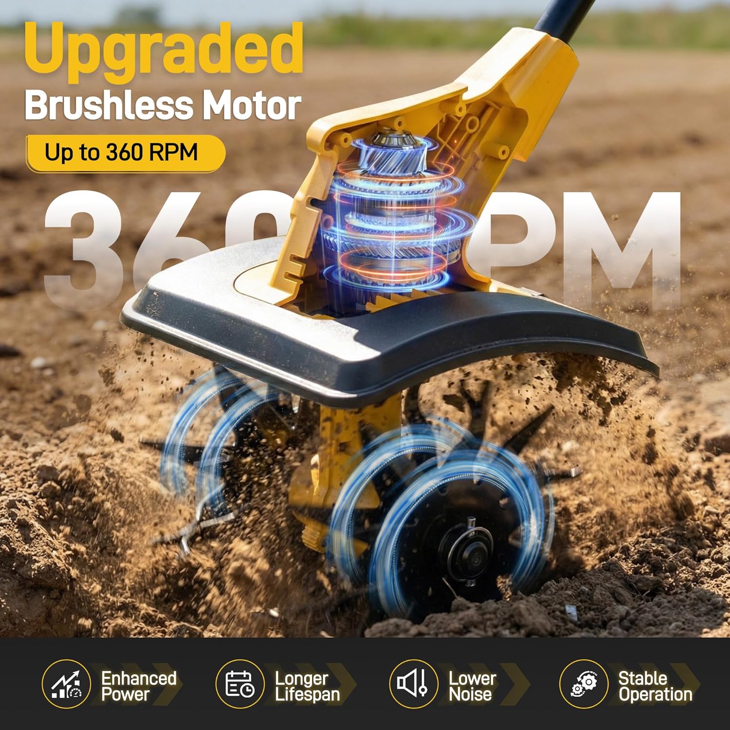 Cordless Tiller Cultivator, 12" Tilling Width, 8" Depth, 2x4.0Ah Batteries | Cordless, 2x4.0Ah Batteries, 40-Min