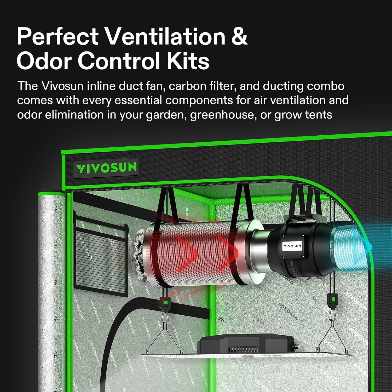 4" Inline Fan, Carbon Filter & 8ft Duct, Circulate air, Reduce Odor | R Series Ventilation System, Air Cooling and