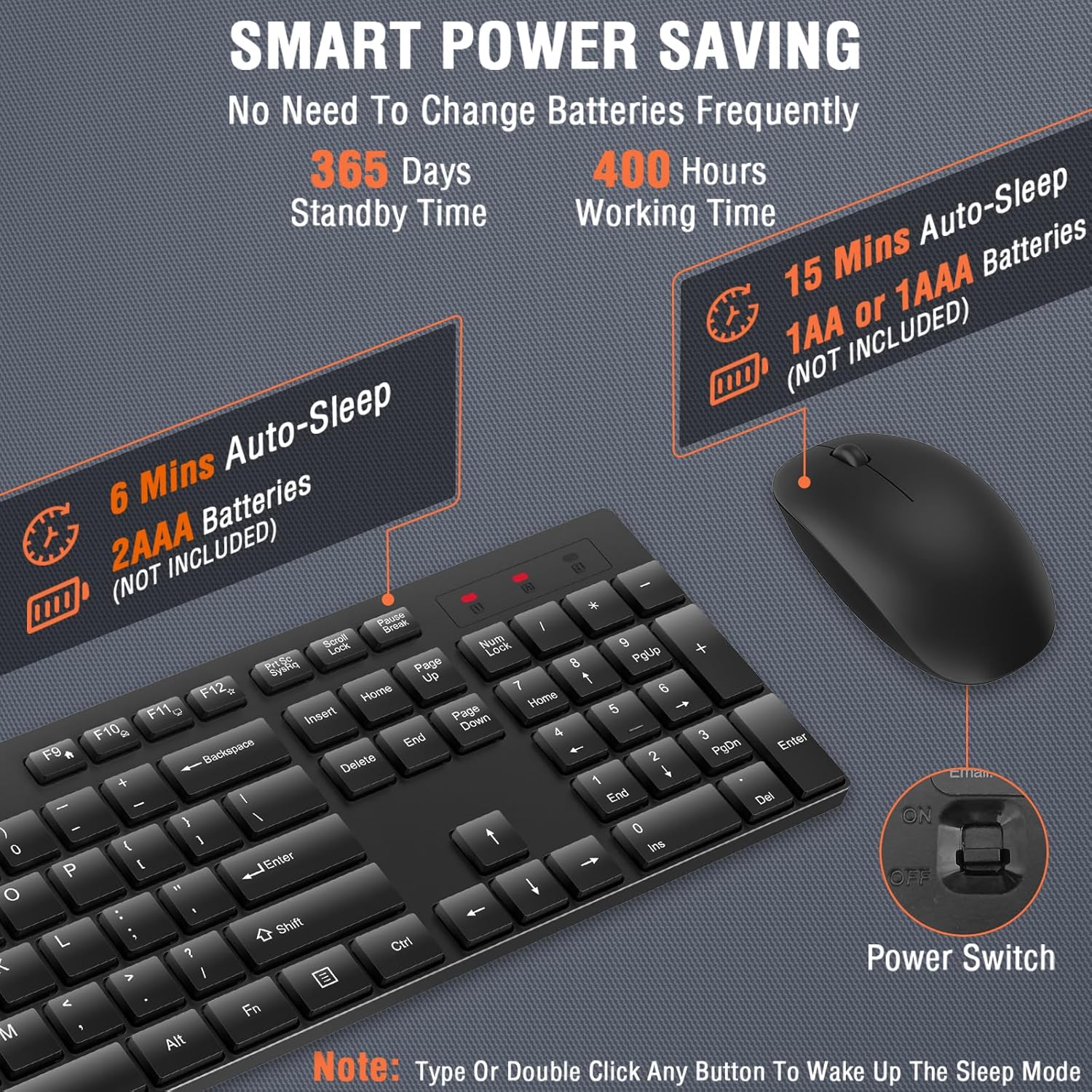 Wireless Keyboard and Mouse Combo, EDJO Silent Full Size Cordless USB Keyboard Mouse, 2.4GHz Lag-Free, Long Battery