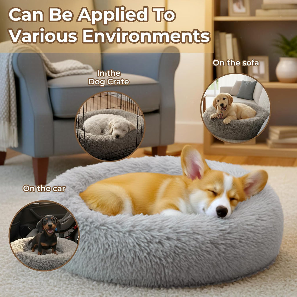 Calming Donut Dog and Cat Bed for Indoor Cats, Anti-Anxiety Round Fluffy Soft Washable Small Pet Bed for Puppy and