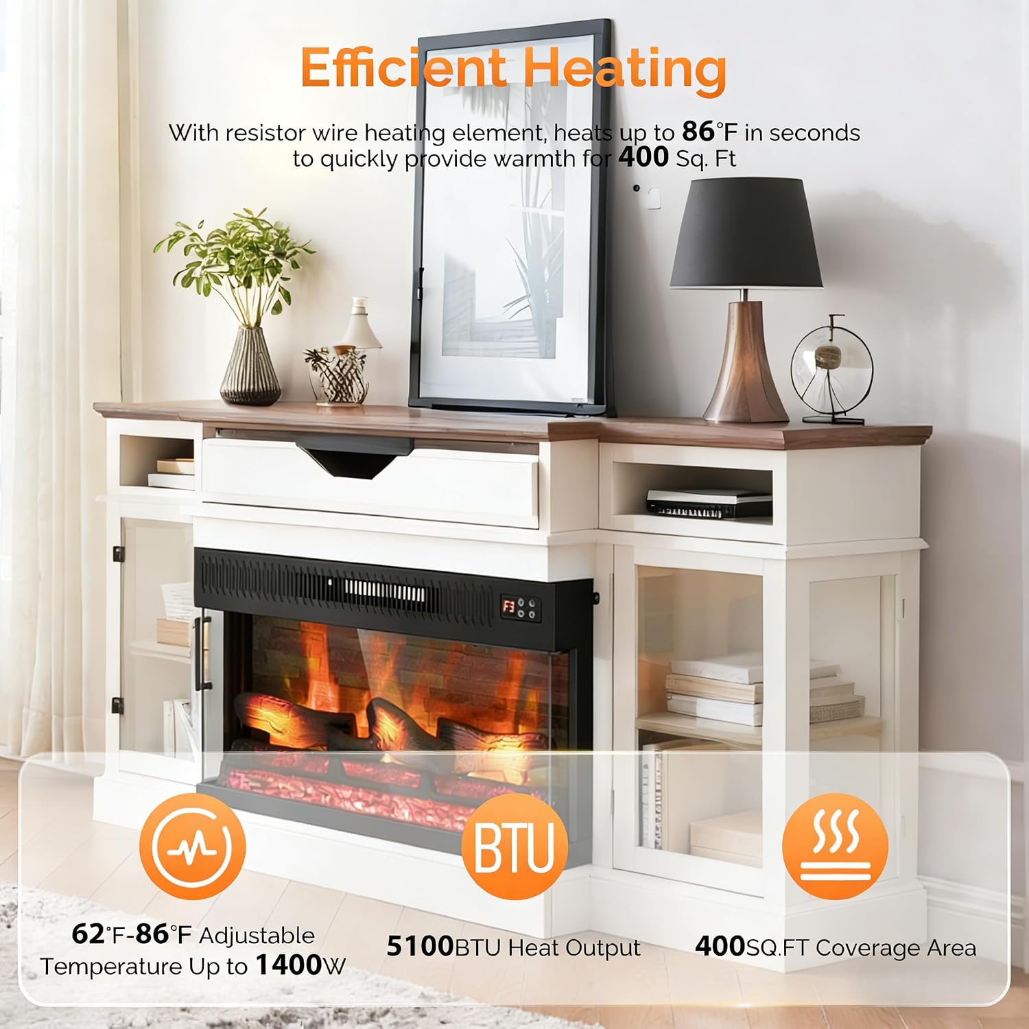 36 Inch 3-Sided Glass Electric Fireplace Insert, Electric Fireplace Heater with Remote Control, Wall Mounted and