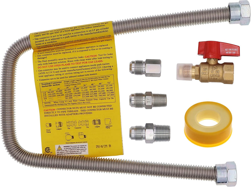 One Stop Gas Appliance Hook Up Kit - 1/2" Brass Gas Ball Valve and 22" Stainless Steel Flexible Gas Connector with Fittings for Garage Heaters, Gas Stoves, Wall Mounted Heaters, Gas Fireplace