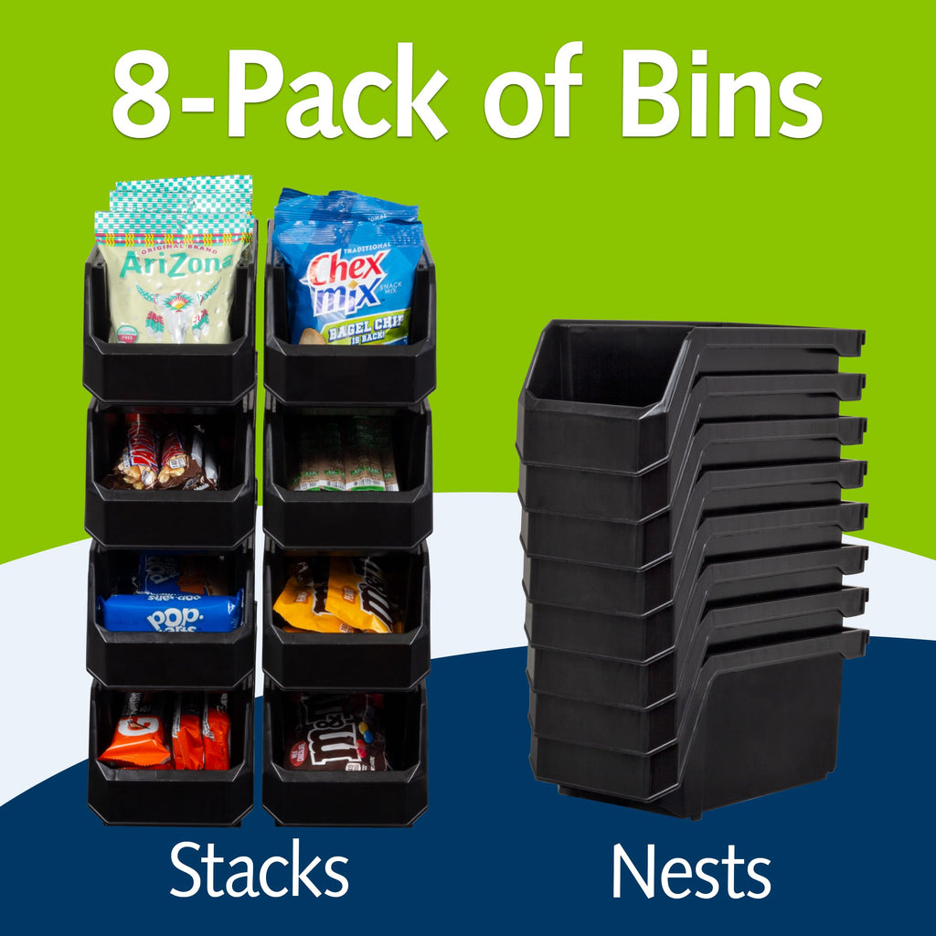 Medium Stackable Plastic Storage Bins, 8-Pack, Black