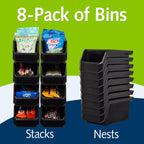 Medium Stackable Plastic Storage Bins, 8-Pack, Black