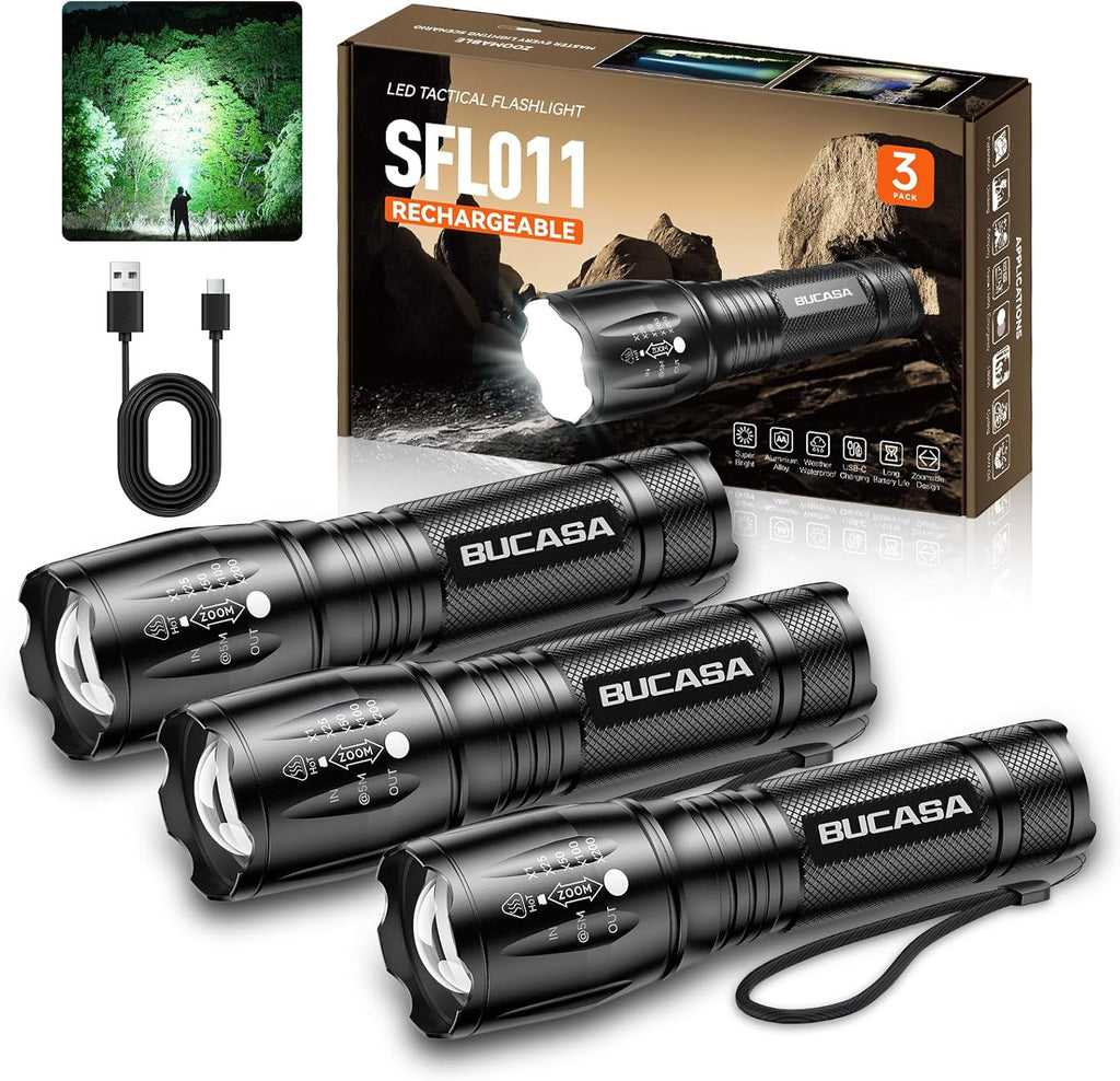 Rechargeable Flashlights High Lumens 3 Pack, Brighter Small Flashlight Powerful Tactical Flashlights Rechargeable
