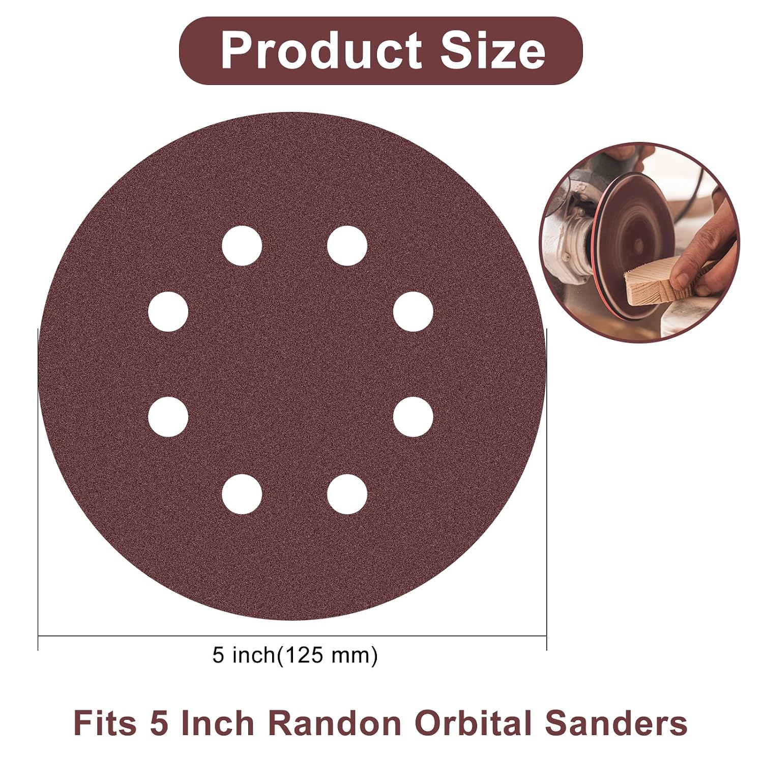 5 Inch 8 Hole Sanding Discs Hook and Loop, 50 PCS Orbital Sander Pads with Adhesive, Dustless Round Sand Paper Disc