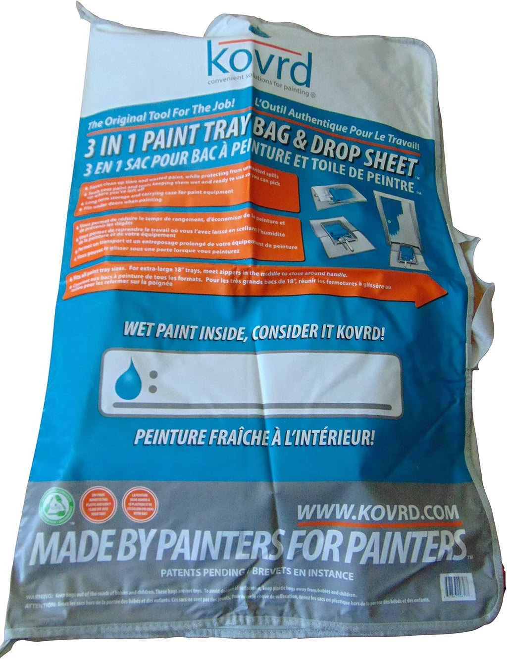 Kovrd 2-in-1 Reusable Paint Tray Storage Bag and 39” x 29” Drop Cloth, Keep Brushes Rollers and Paint Wet for Days