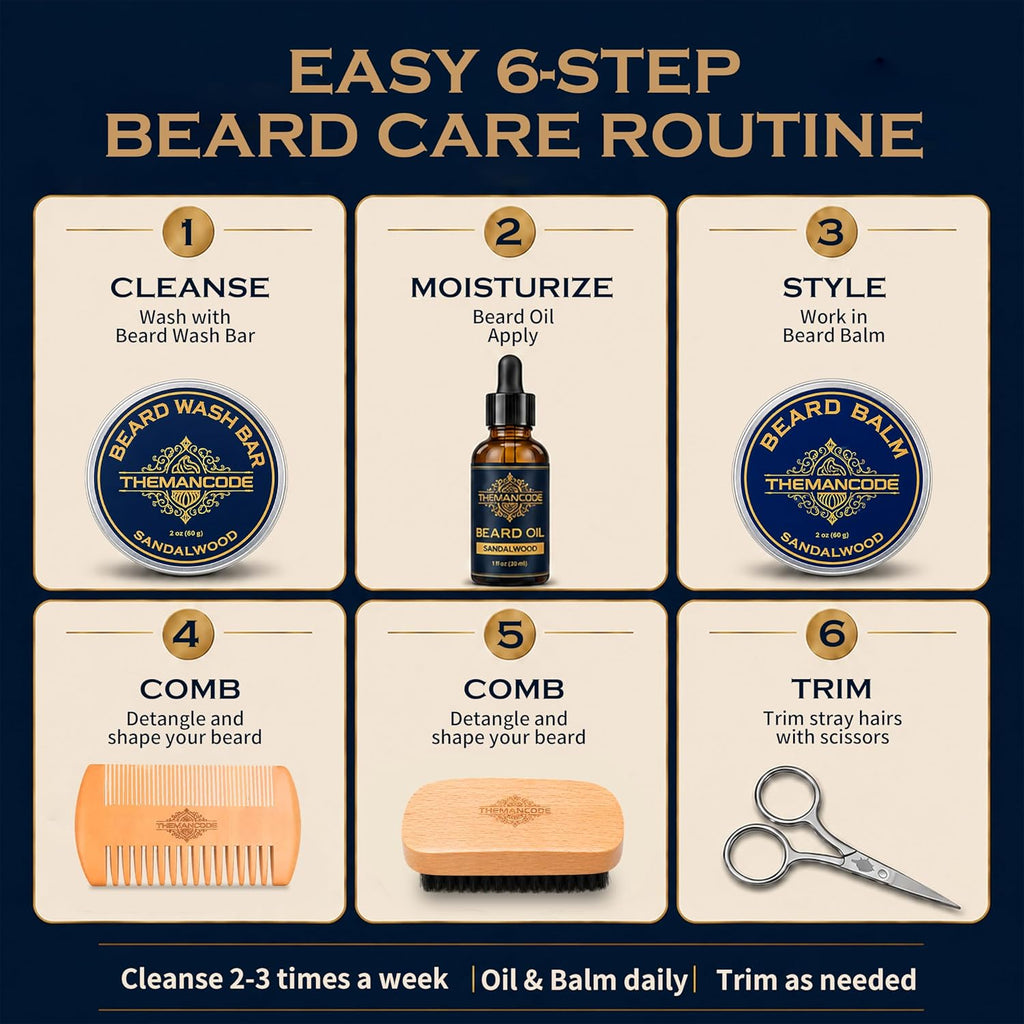 Beard Grooming Kit for Men, Fathers Day Gift for Dad and Husband, Sandalwood Beard Care Kit with Oil, Balm, Wash Bar