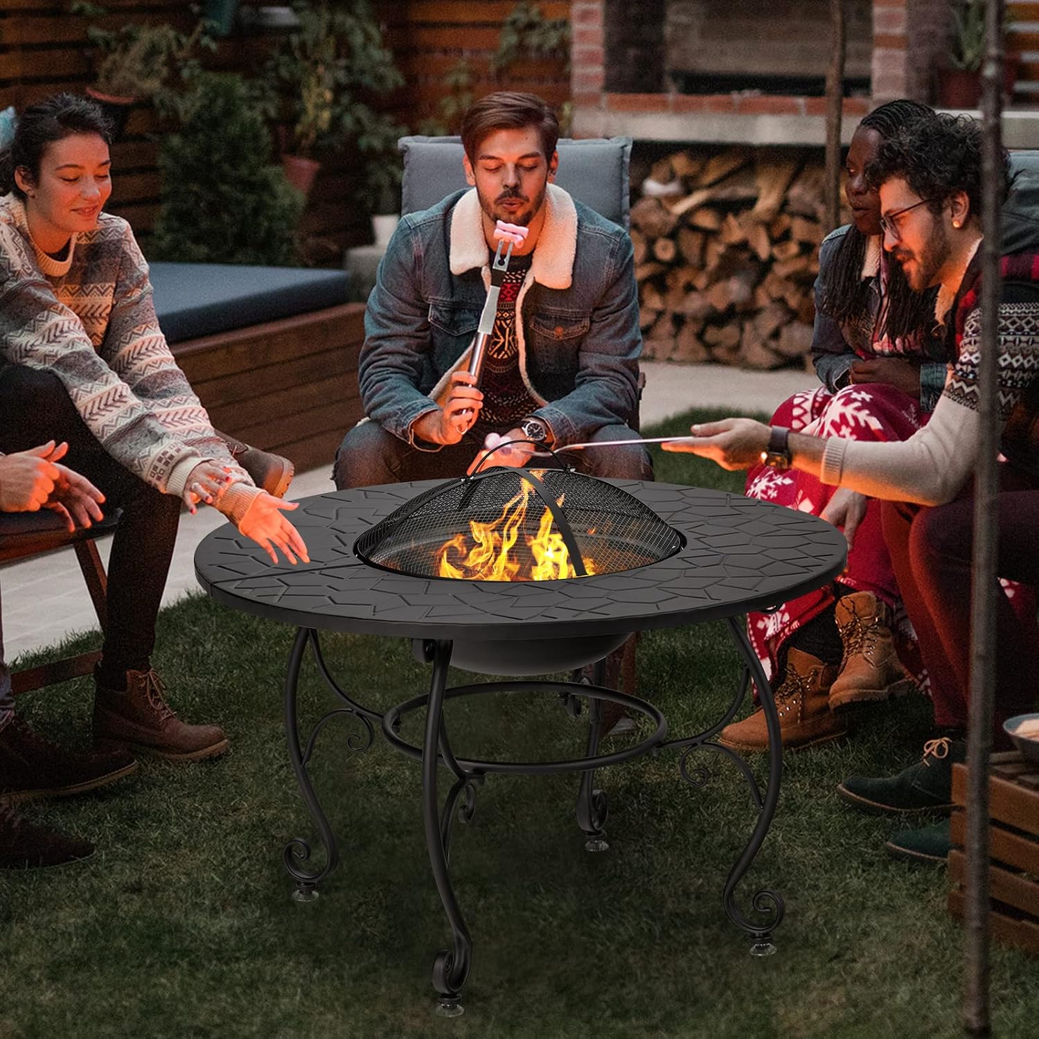 4-in-1 Fire Pit Table, 36" Outdoor Metal Round Dining Table
