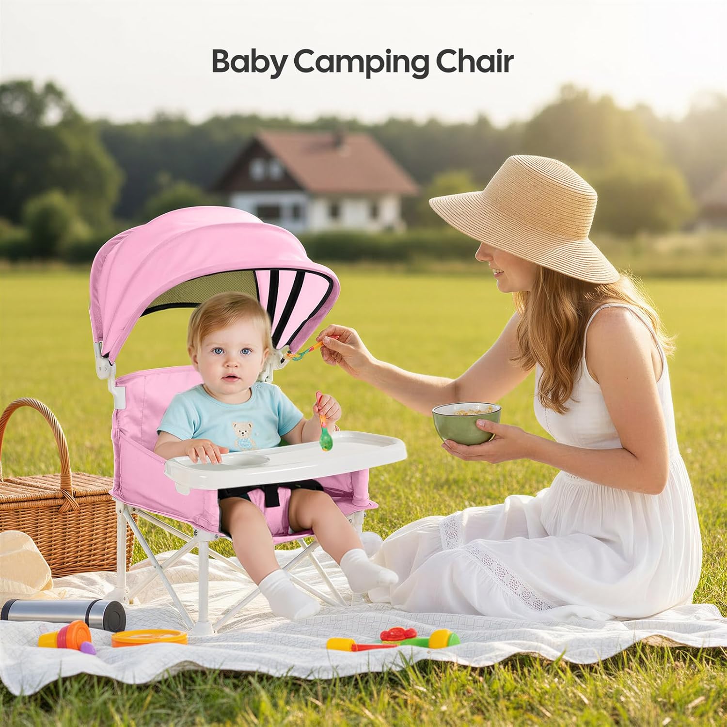 4-in-1 Portable Baby Chair, Foldable Toddler Booster Seat with Removable Tray, Canopy & Safety Harness, Pink