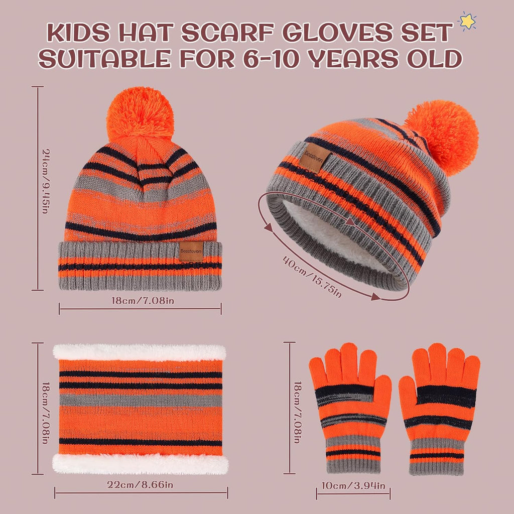 Kids Winter Hat Gloves Scarf Set: Girls Boys Beanie Fleece Lined Ages 6-10 | Kids Beanie Hats Gloves Neck Warmer Knit