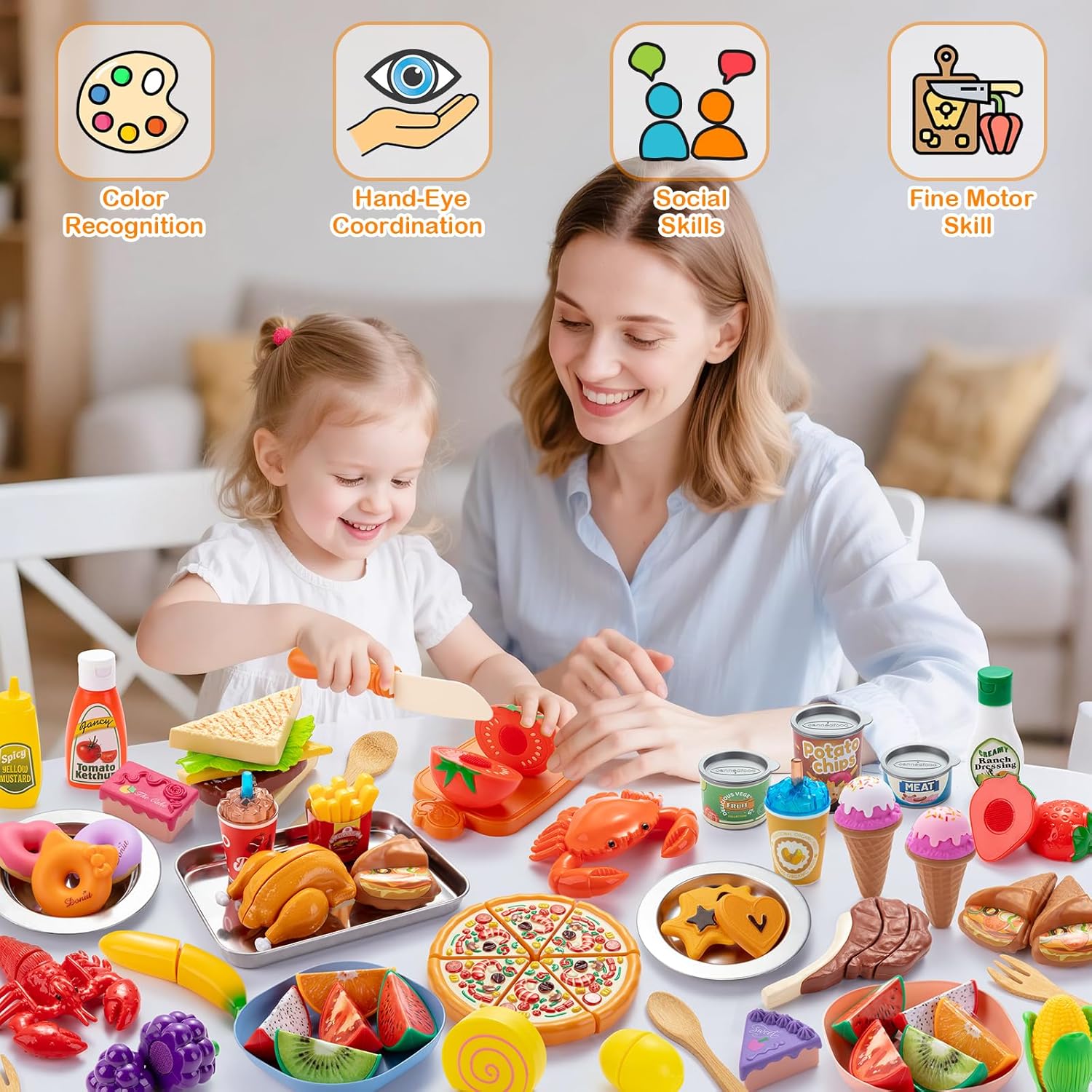 Pretend Play Food Set for Kds Kitchen, Cutting Toy Food with Storage Bag, Stainless Steel Tray and Plates, Fake Food