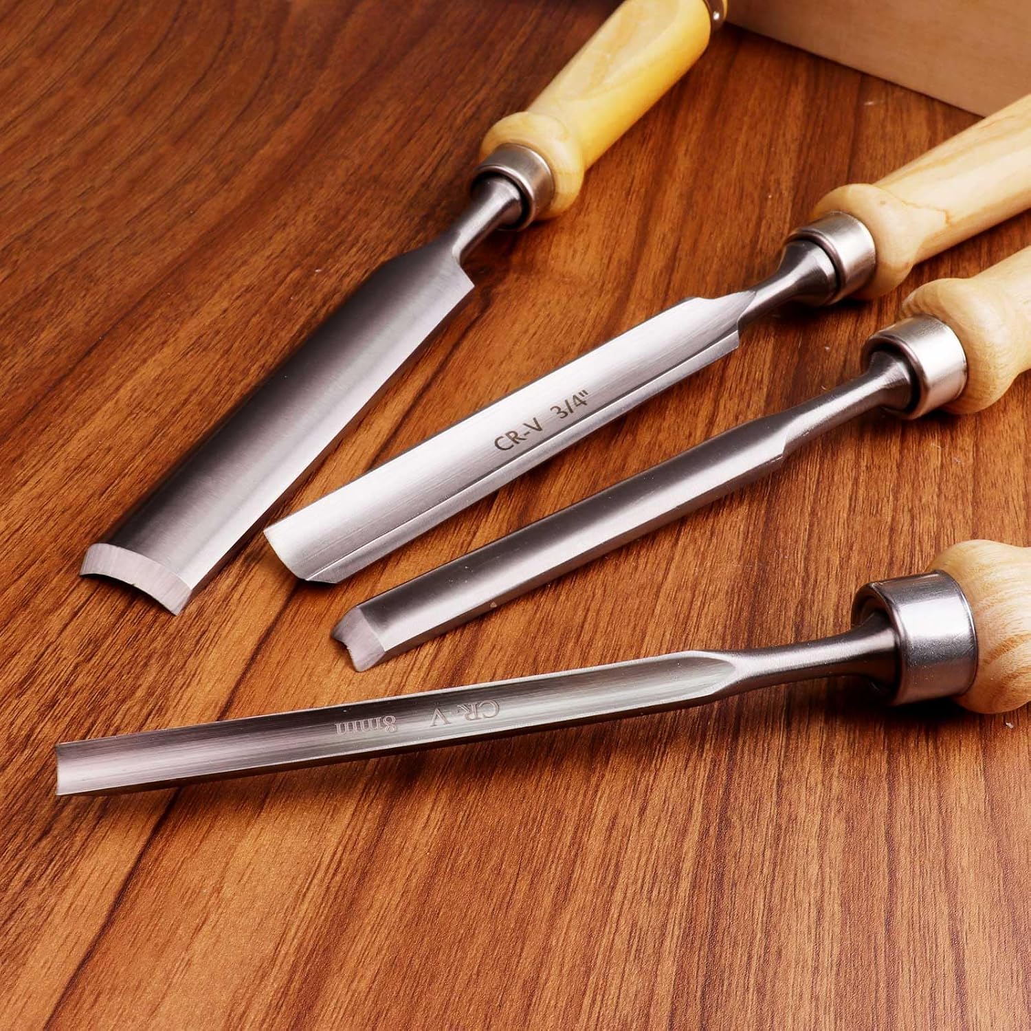 4-Piece Wood Chisel Set, 8mm 12mm 18mm 25mm | CR-V Steel Curved Outer Edge Gouge, Sharp Wood Carving Chisels, Firm