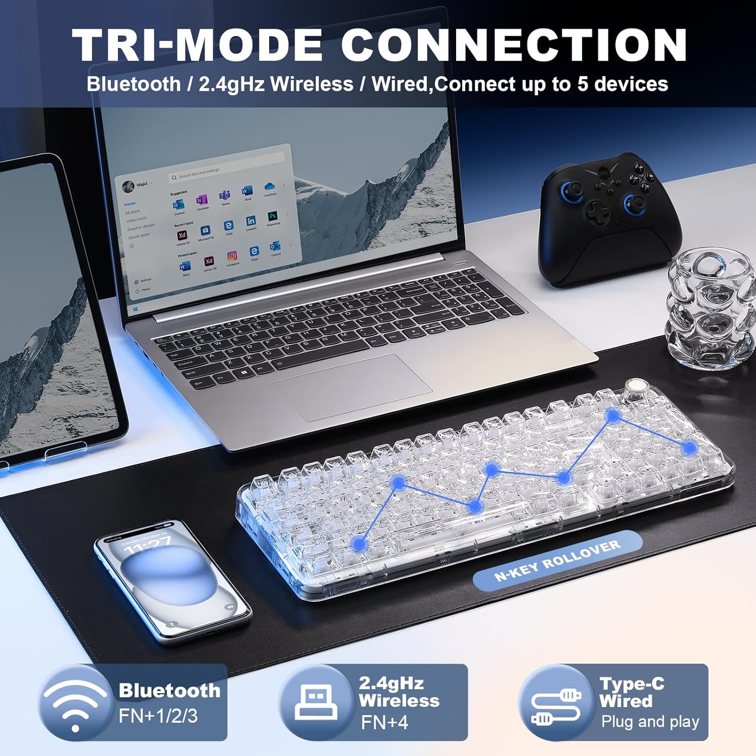 X98 Wireless Mechanical Keyboard with Knob (White, Crystal Switch) | BT5.0/USB-C/2.4GHz,1800 Layout with Number