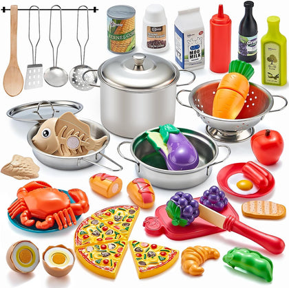 Pretend Play Accessories - 52pc Kids Kitchen Playset with Play Food, Stainless Steel Cookware, Toys Pots and Pans