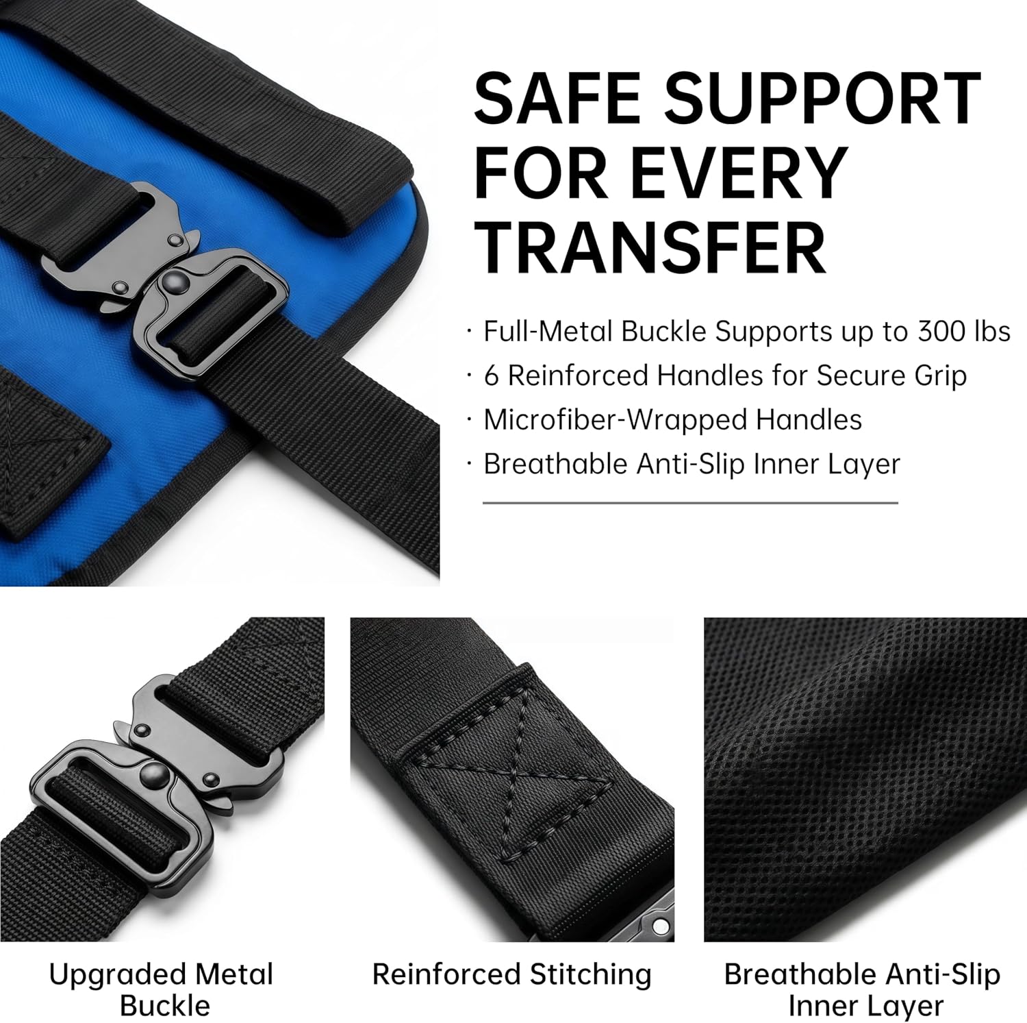 Transfer Sling, Upgraded with Metal Buckle, 6 Reinforced Straps with Hand Grips, Lift & Standing Aid for Caregivers