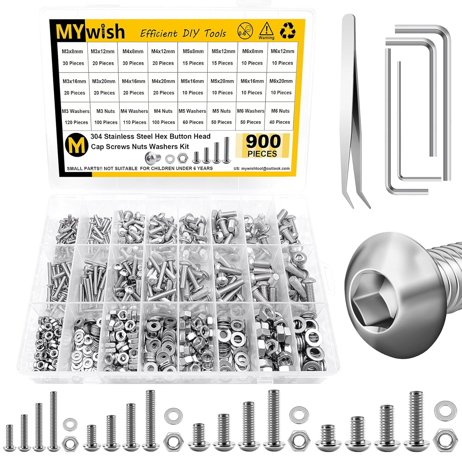900Pcs Metric Screw Assortment, M3 M4 M5 M6 Screw Assortment Kit 304 Stainless Steel Hex Socket Button Head Socket