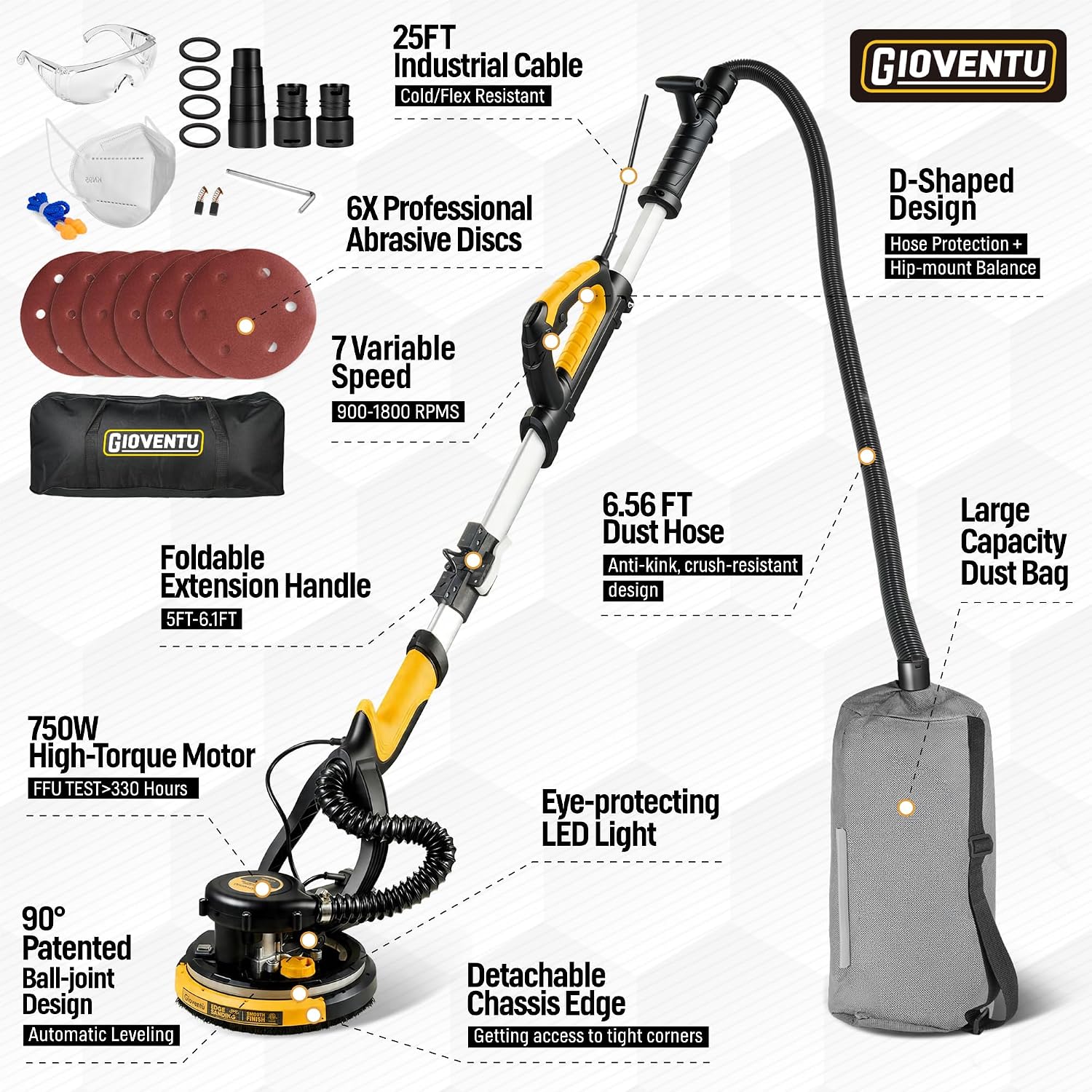 Electric Drywall Sander with Vacuum, 750W 7A, 26' Cord for Ceiling & Wall | 99% Dust Collection, Low Vibration NSK