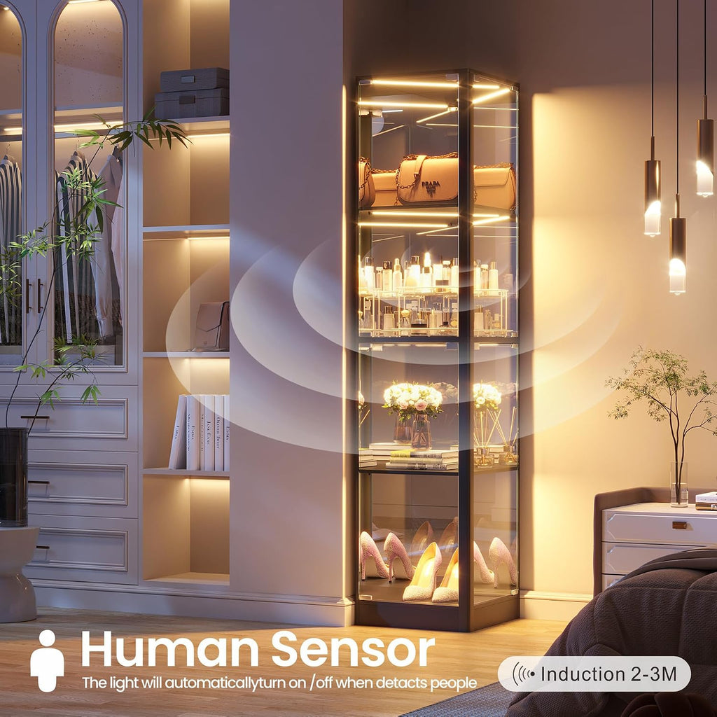 Corner Display Cabinet with Glass Doors & RGB Lights | 68" Tall, Human Sensor Lights, 4-Tier, Display Case for