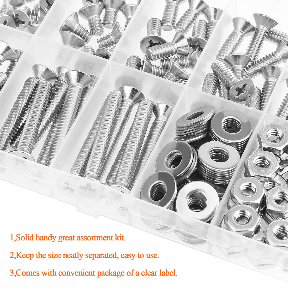 HELIFOUNER 140 Pieces #10-24 Phillips Countersunk Head Machine Screws Nuts Washers Assortment Kit, Coarse Thread, Fully Machine Threaded, 304 Stainless Steel