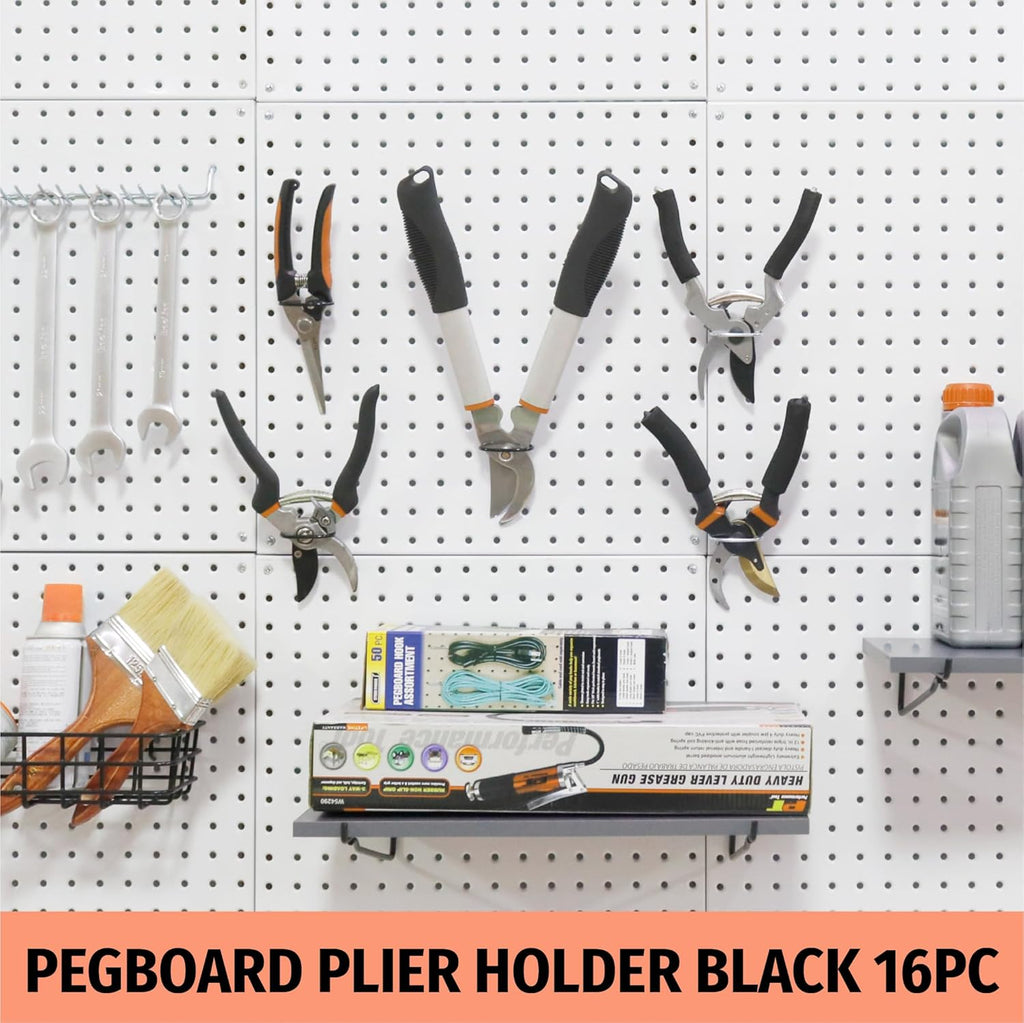16 Pack Pegboard Pliers Holder–Black Stainless Steel Peg Board Tool Holders for Garage Organization-Secure Ring Style