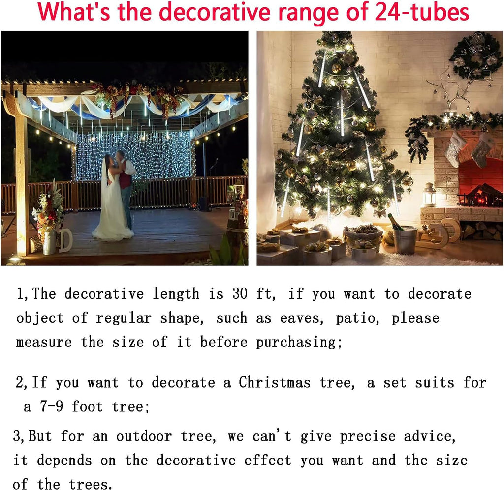 Christmas Lights Outdoor, 24 Tubes Meteor Shower Lights for Xmas Decoration | Equal to 3 Sets of 8-Tubes, Waterproof