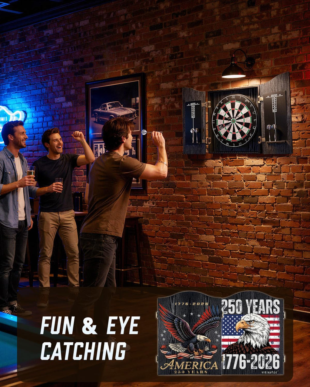 Sisal Dart Board Cabinet Sets, US250 Dartboard with Scoreboard for Adults | USA 250th Anniversary Patriotic Gift